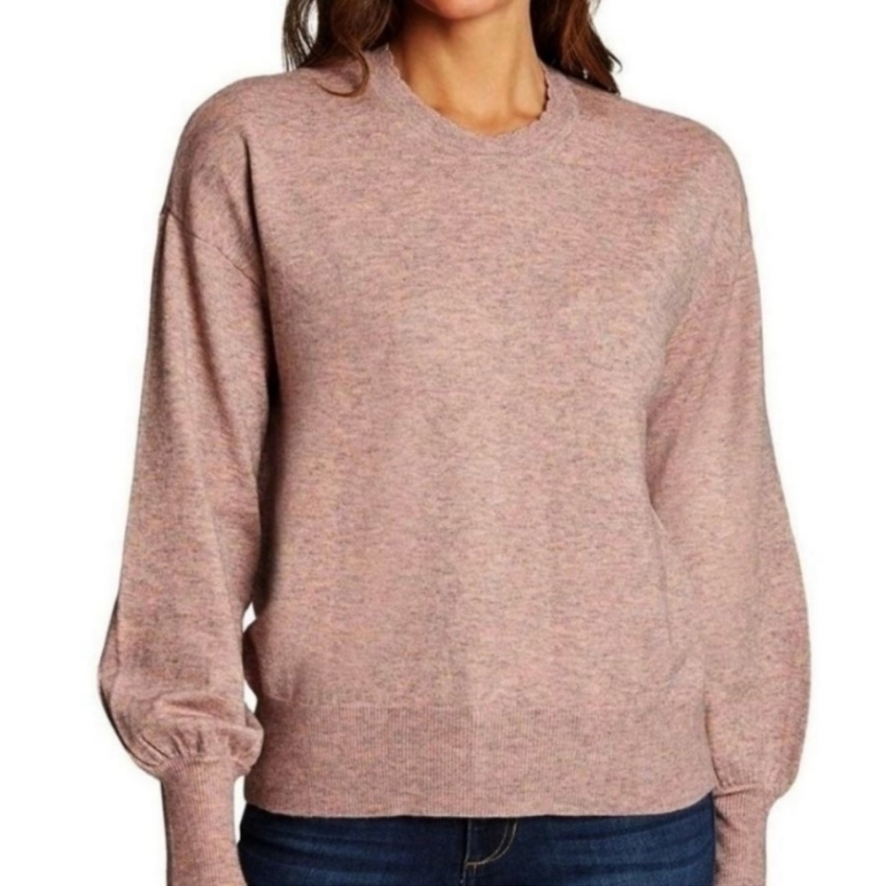 Ella Moss Maggie Puffed Sleeve Scalloped Heather Dusty Rose Pink Sweater Large